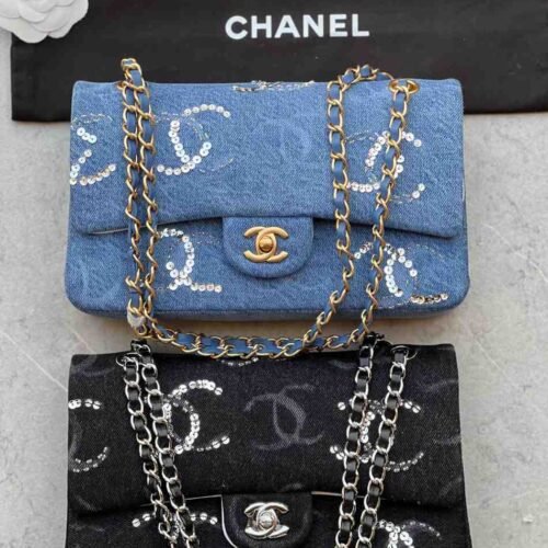 chanel denim cc Sequined double flap bag