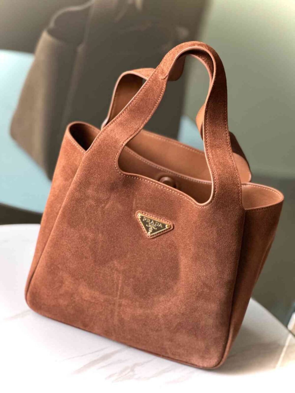 Prada Triangle Logo Suede Tote Bag - Image 4