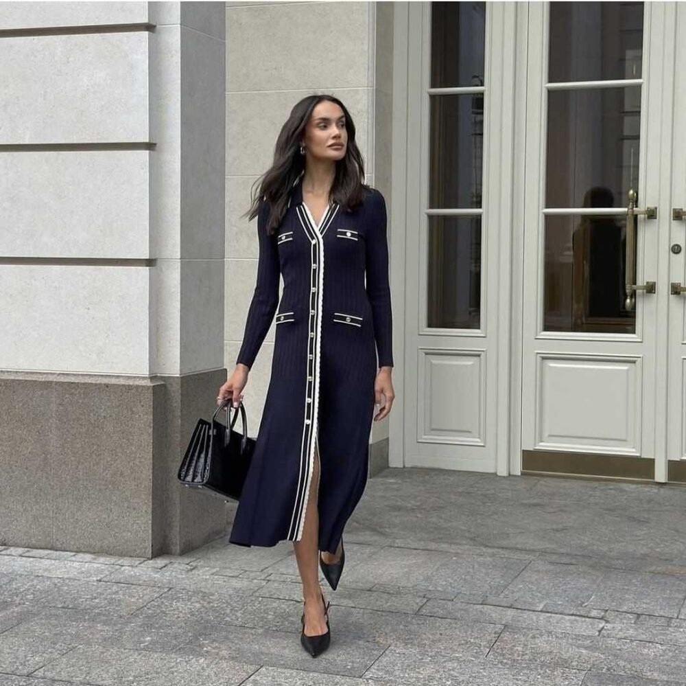 sandro alexandrine knit midi dress​ navy blue