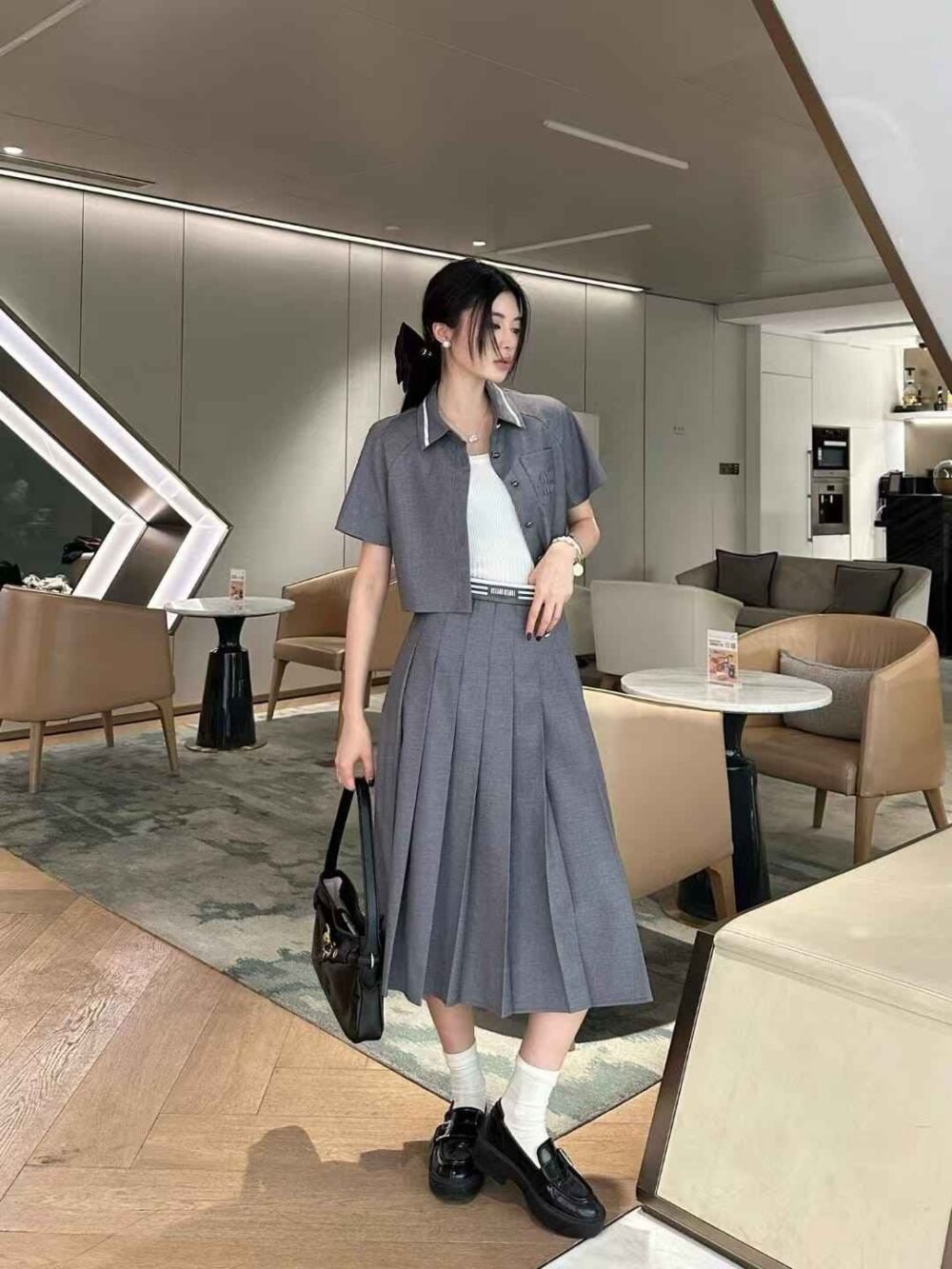 Miu Miu Pleated Shirt and Skirt Set Grey