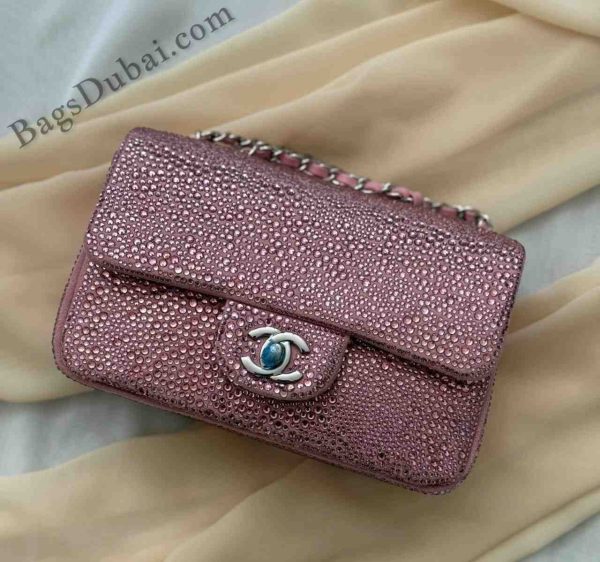 Chanel Classic Mini Flap Bag​ Crystal Embellished Dark Pink