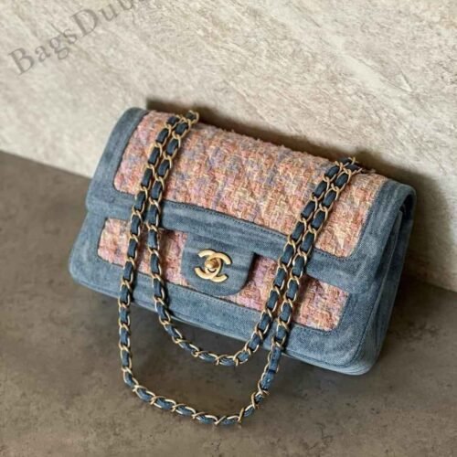 Chanel Double Flap Bag Tweed & Denim Pink & Blue