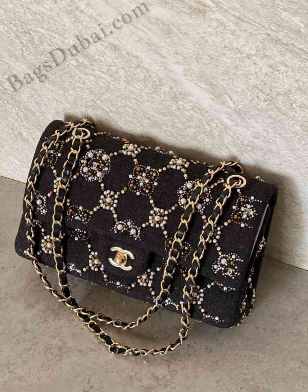 Chanel Flap Bag Pearl & Wool Patent Black