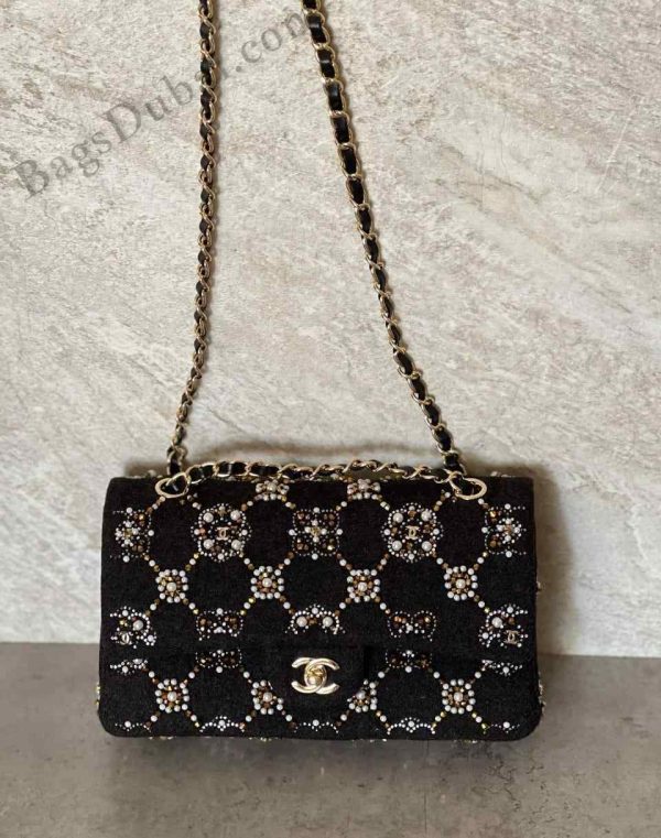 Chanel Flap Bag Pearl & Wool Patent Black