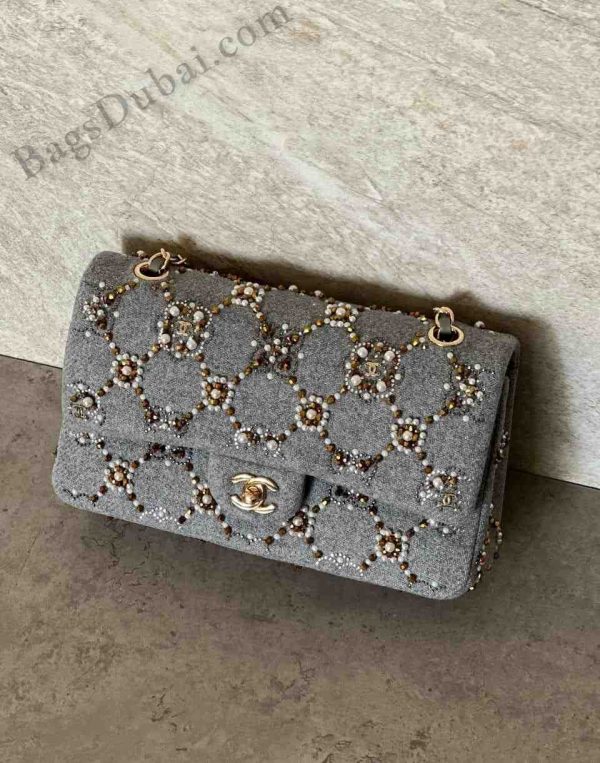 Chanel Flap Bag Pearl & Wool Patent Black Grey