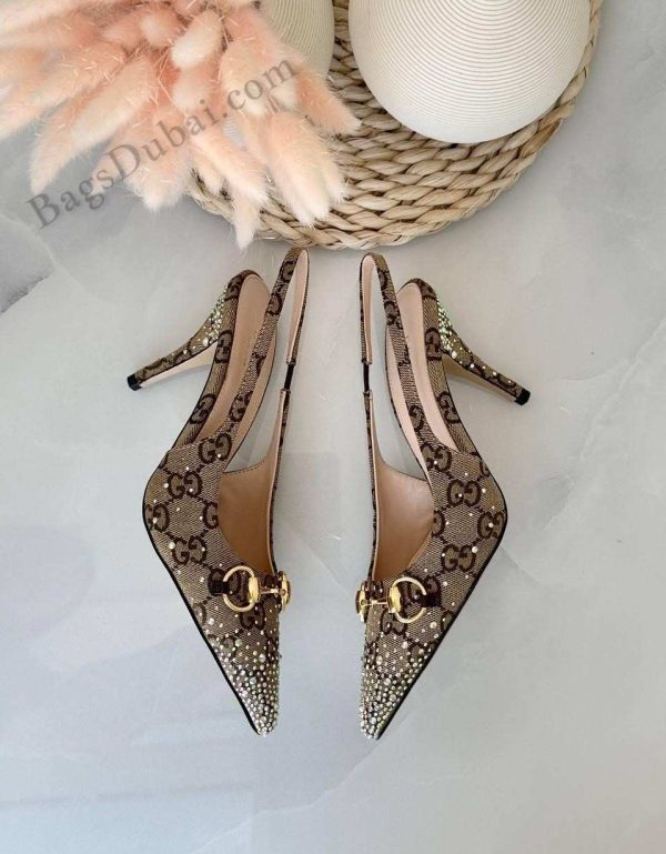 Gucci Pumps Slingback Horsebit Crystal Brown