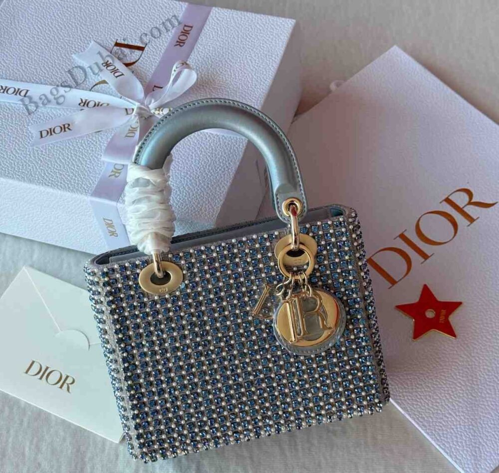 Lady Dior With Crystal Embroidered Bag Grey