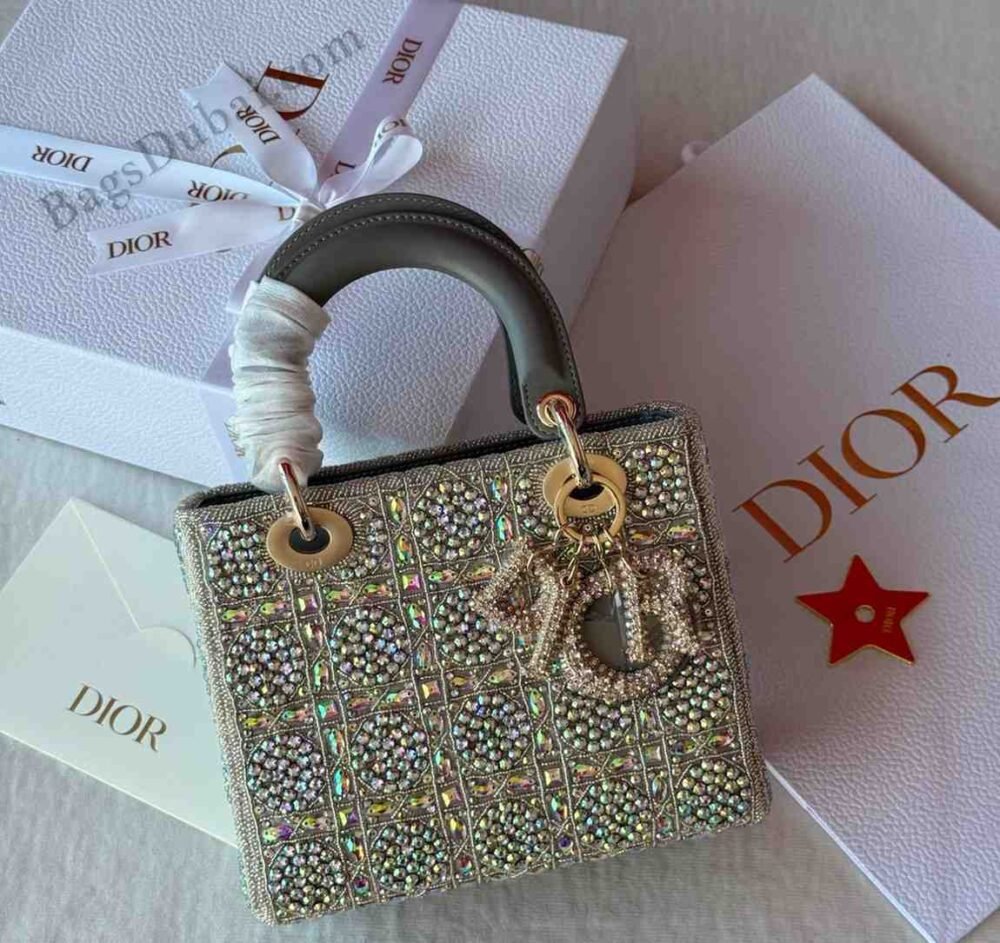 Lady Dior With Crystal Embroidered Bag Beige