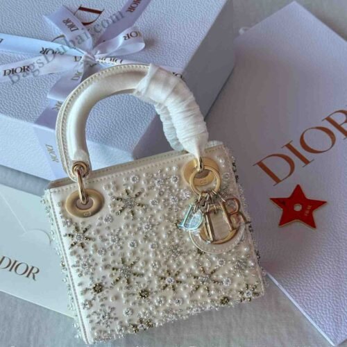 Lady Dior With Crystal Embroidered Bag White