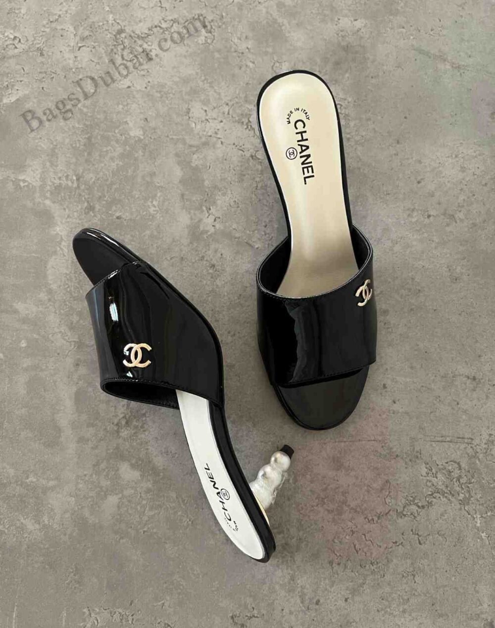Chanel Heel Sandals Patent Leather Black