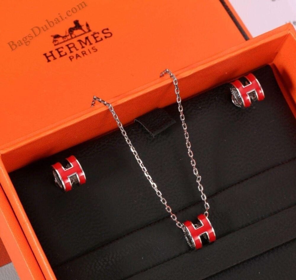 HERMES H Necklace & Earrings Red