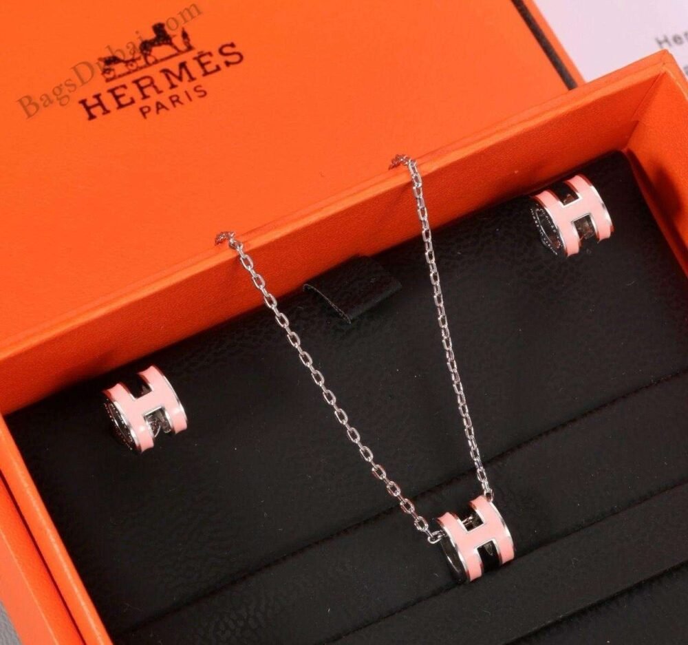HERMES H Necklace & Earrings Pink