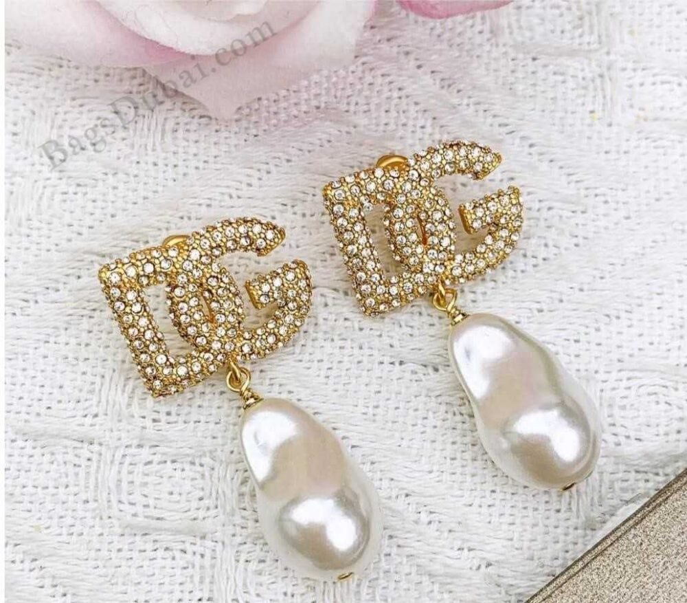 D-G Logo With Rhinestone Teardrop Pearl Earrings In Dubai