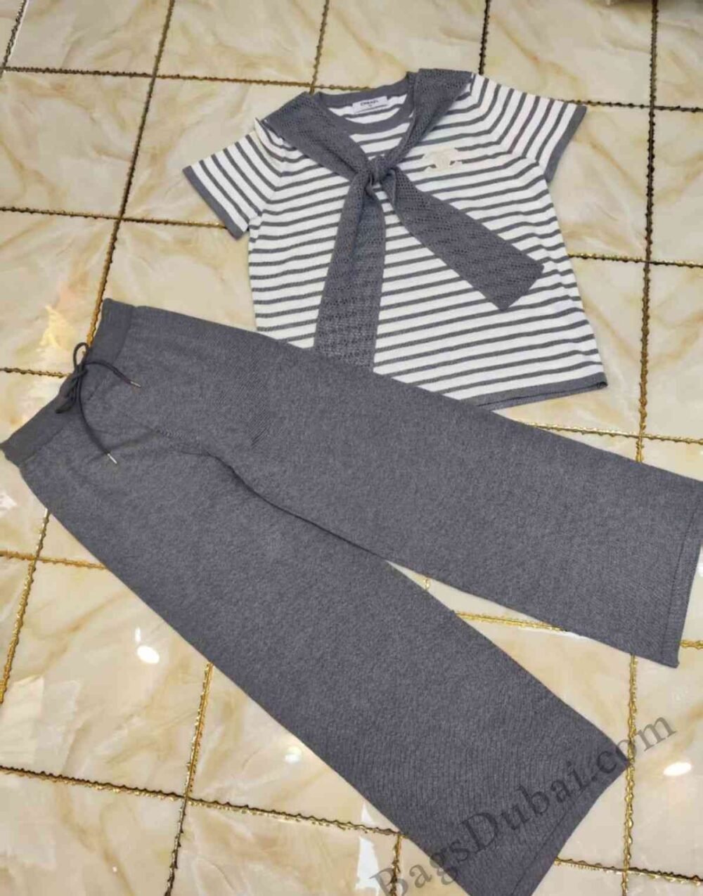 Striped Knit Chanel T-shirt-Pant White & grey