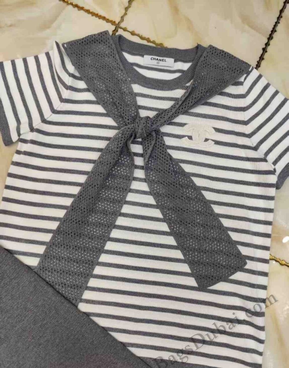 Striped Knit Chanel T-shirt-Pant White & grey