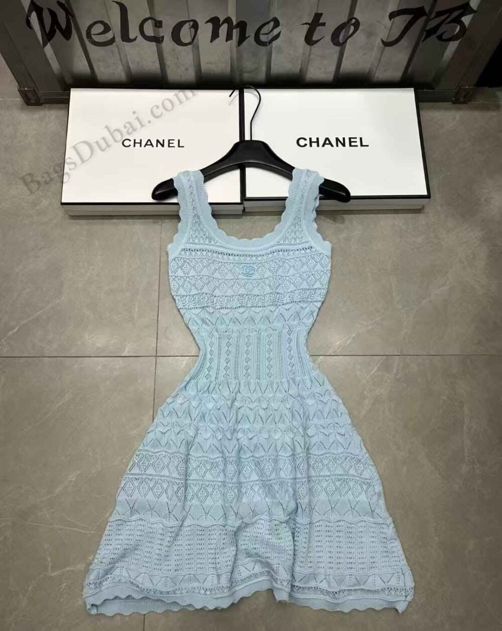 CHANEL Dress Sleeveless Knit Crochet Blue