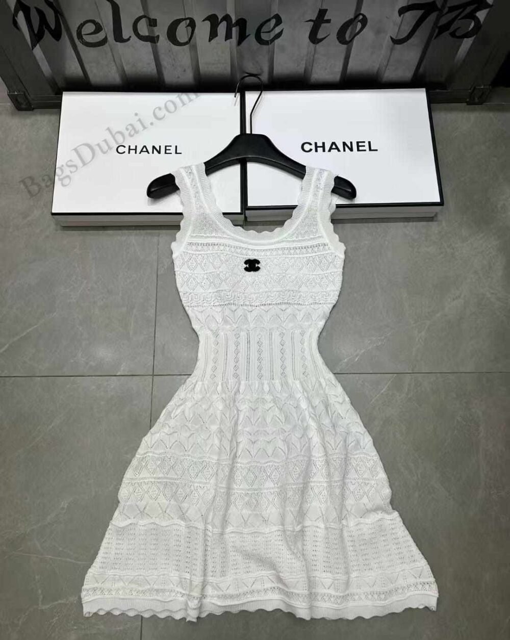 CHANEL Dress Sleeveless Knit Crochet White
