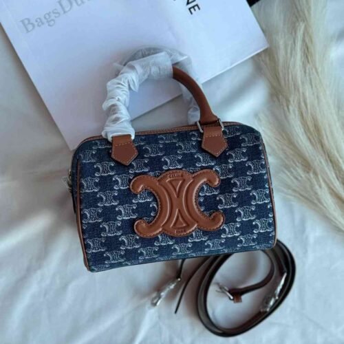 Celine Boston Bag Mini Triomphe Leather Blue
