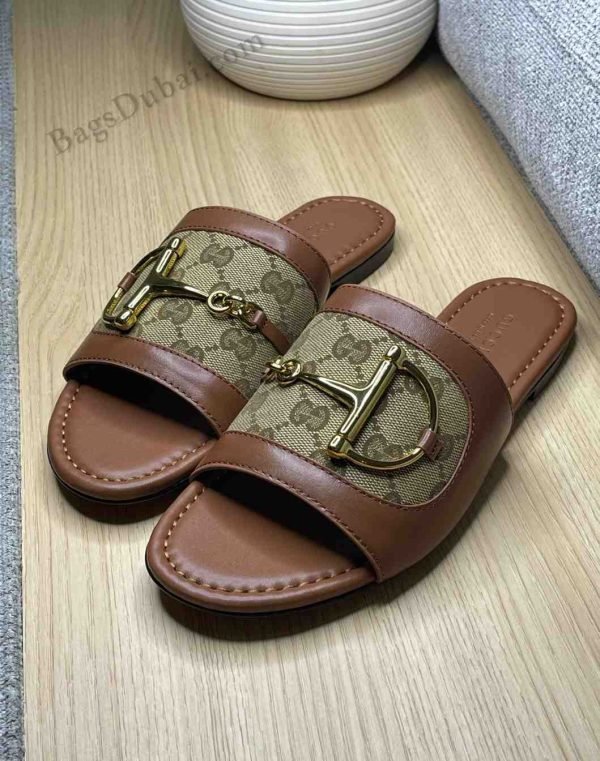 GUCCI Slides Horsebit GG Canvas brown