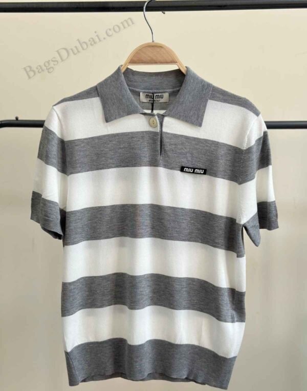 Miu Miu T-Shirt Polo Striped Knit Grey