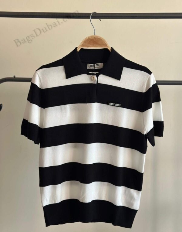 Miu Miu T-Shirt Polo Striped Knit Black