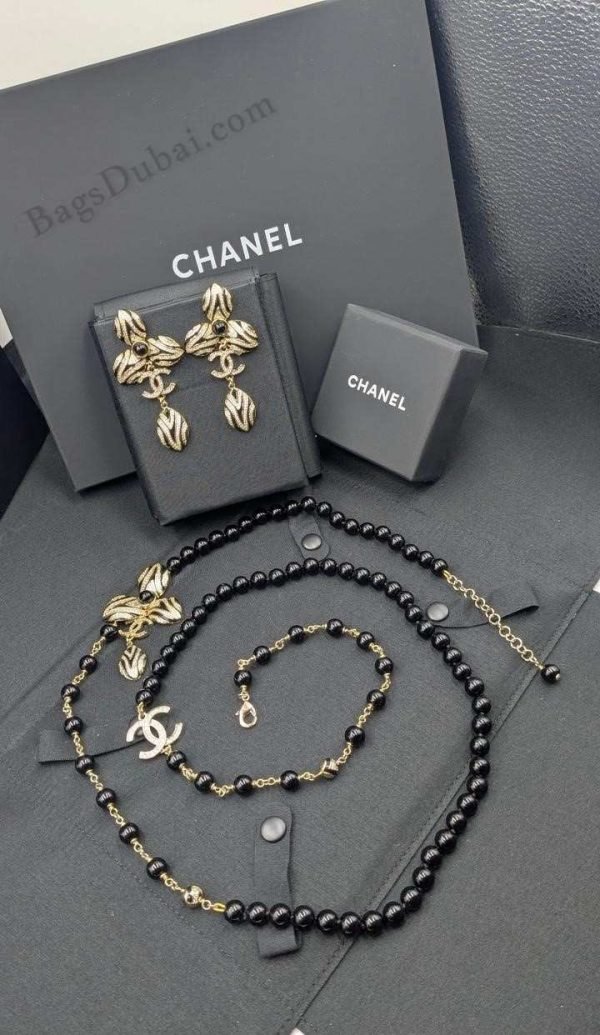 Chanel Necklace CC Black Beaded