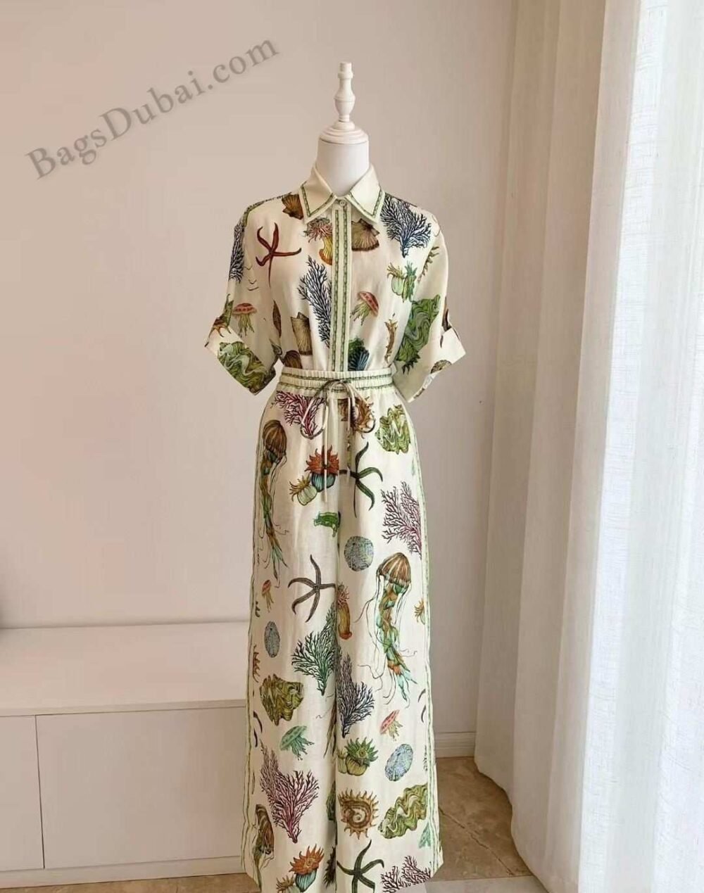 Alemais Shirt Dress Linen Sea Printed Cream
