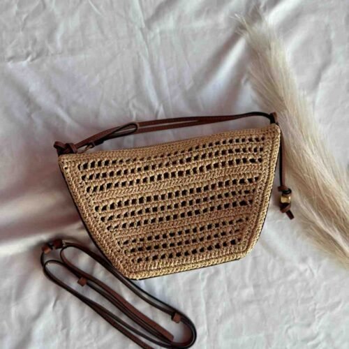 Loewe Hammock Bag Mini Raffia and Calfskin Naturel Brown