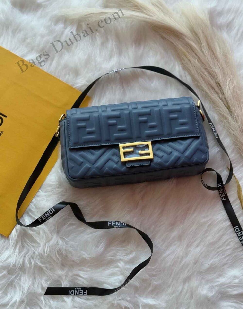Fendi Baguette Bag FF Motif Embossed Leather Blue