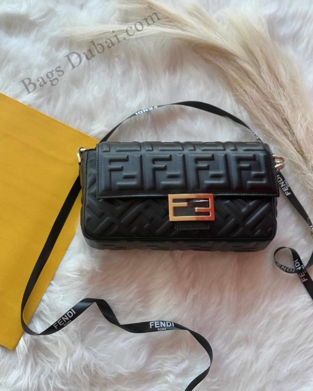 Fendi Baguette Bag FF Motif Embossed Leather Black