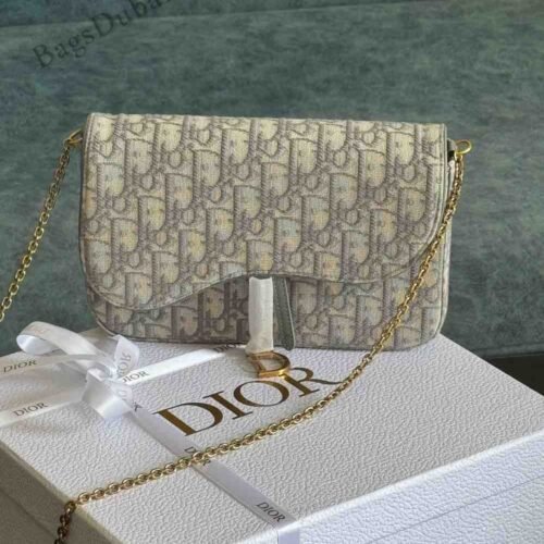 Dior Saddle Wallet With Chain Beige