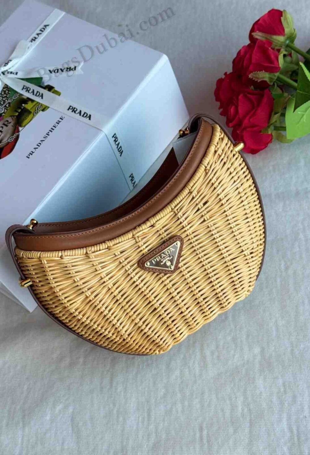 Prada Shoulder Bag Arque Wicker Leather Brown