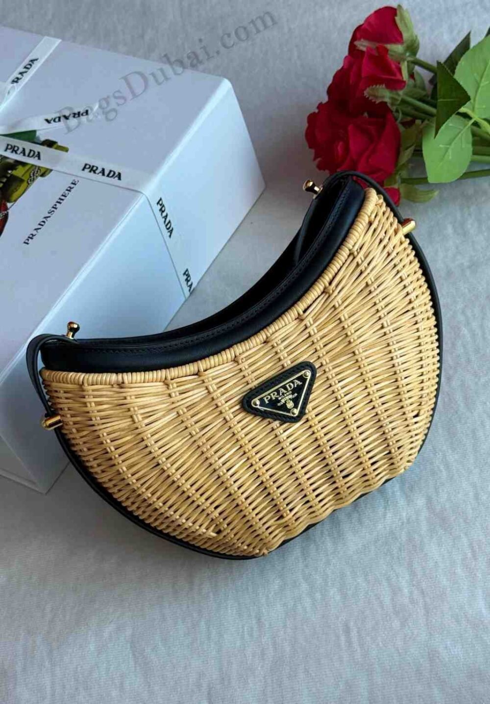 Prada Shoulder Bag Arque Wicker Leather Brown