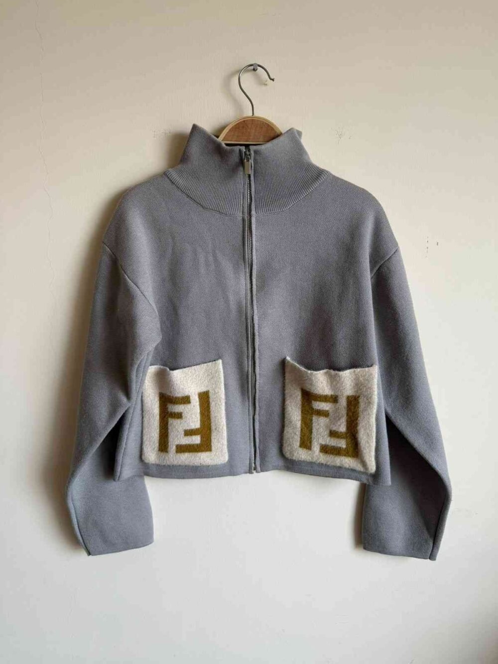 Fendi Jacket Knit Zip-up Collar Double F Pockets Grey