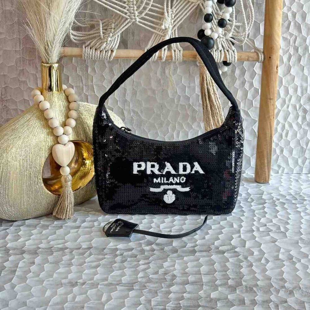 Prada Shoulder Bag Re-Edition 2000 Sequin Black