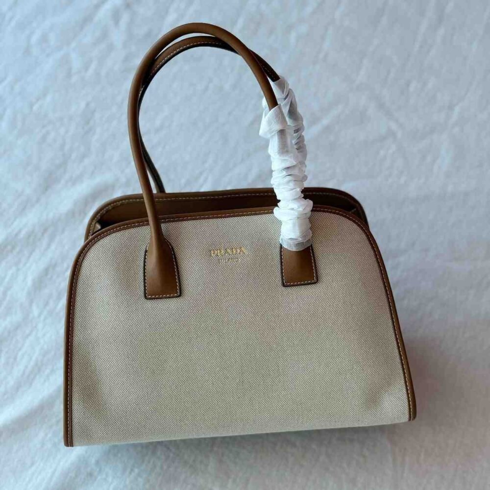 Prada Tote Bag Medium Linen Blend Brown & Black