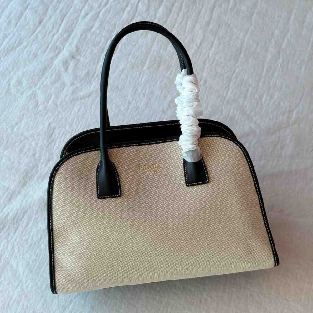 Prada Tote Bag Medium Linen Blend Beige & Black