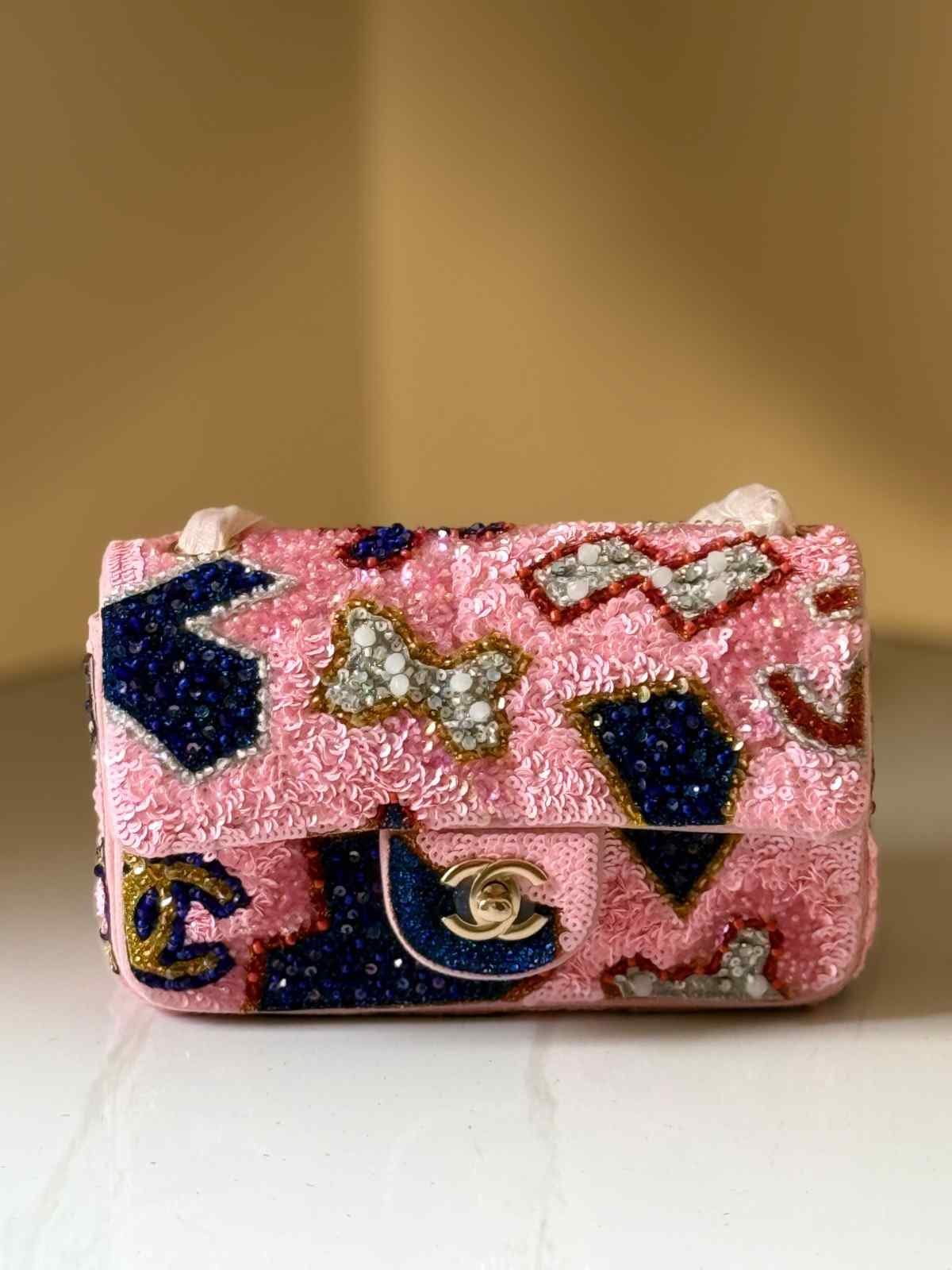 Chanel Mini Flap Bag Multicolor Sequin And Glitter Pink