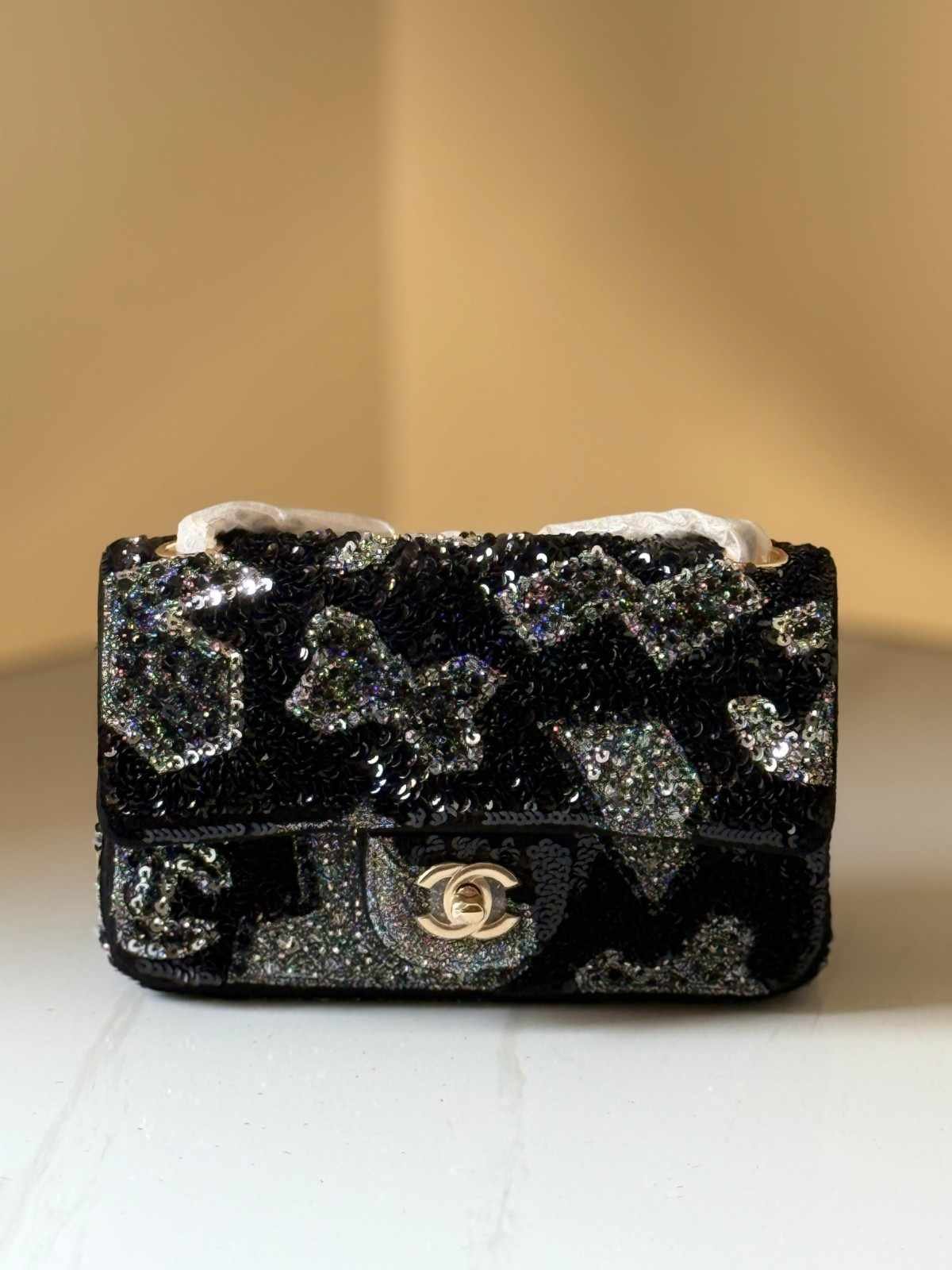 Chanel Mini Flap Bag Multicolor Sequin And Glitter Black