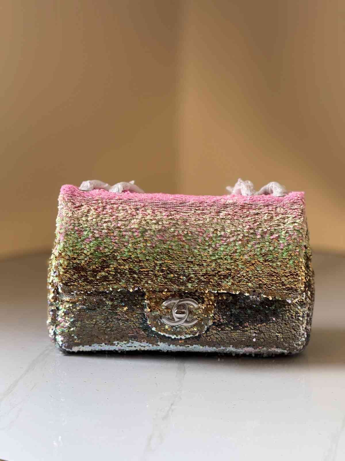 Chanel Mini Flap Bag Multicolor Sequin And Glitter Pink & Golden