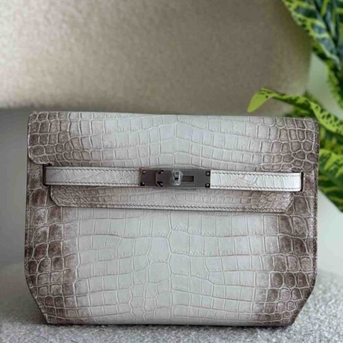 Hermes Kelly Depeches Pouch Crocodile Leather White Grey