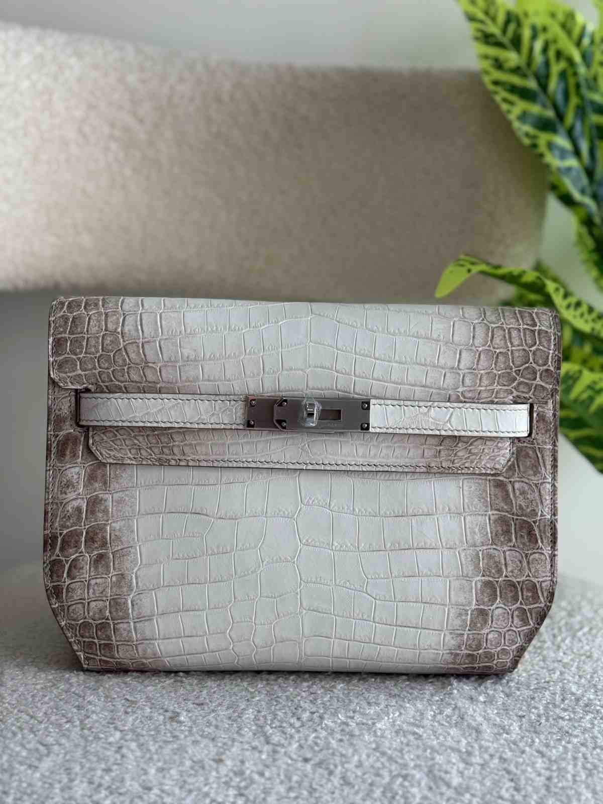 Hermes Kelly Depeches Pouch Crocodile Leather White Grey