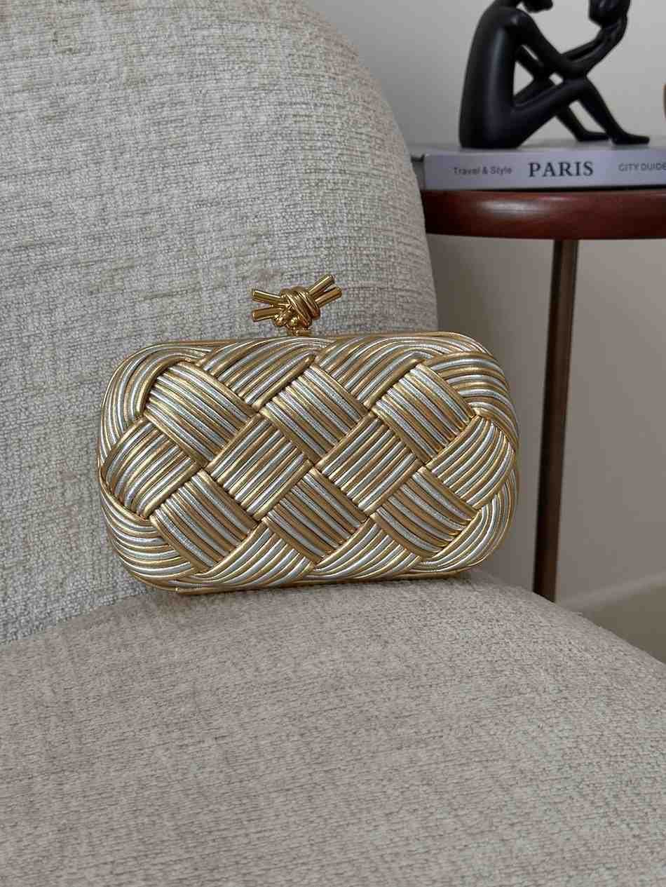 Bottega Veneta Knot Clutch Minaudiere Metallic Leather Golden