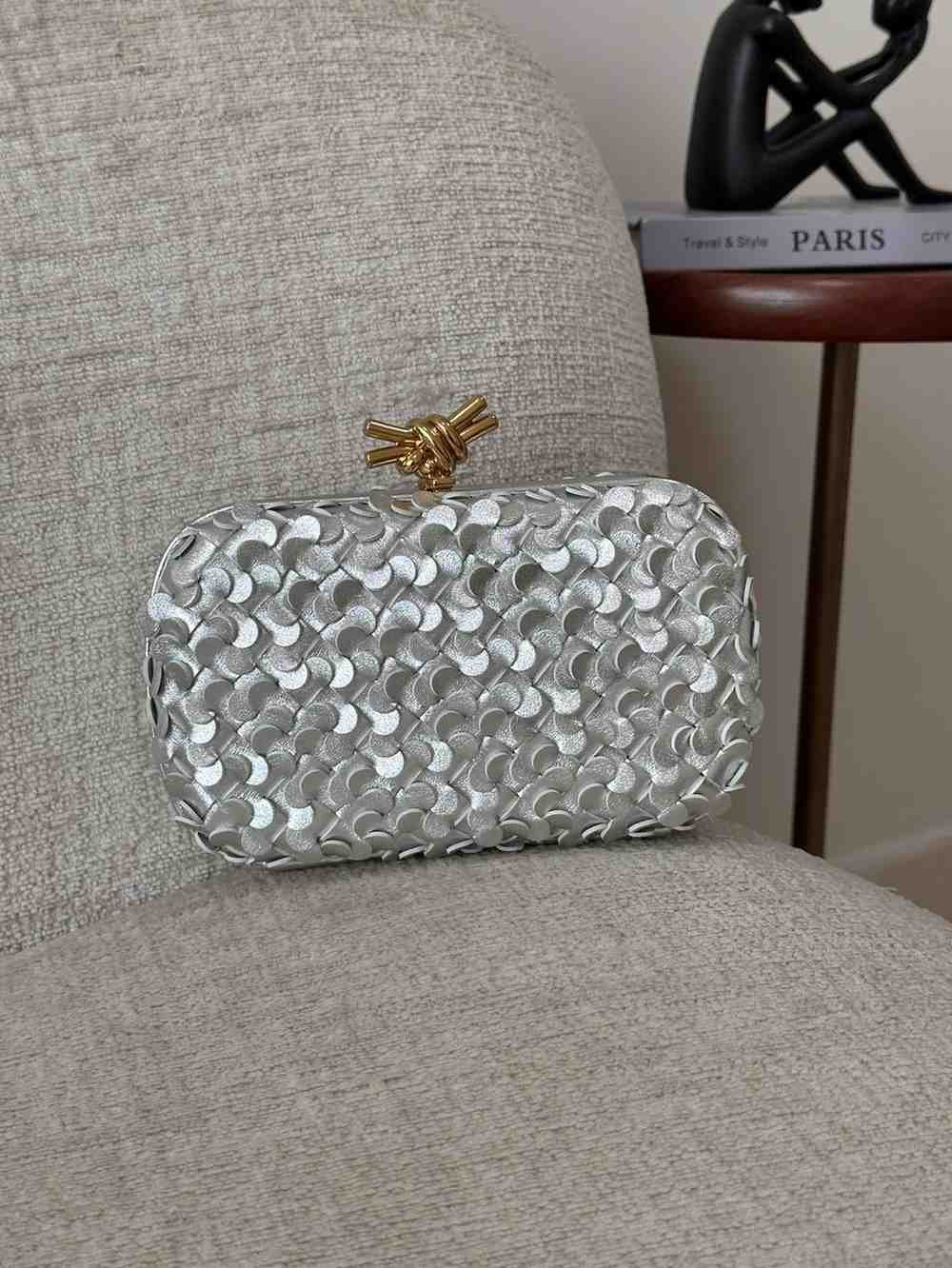 Bottega Veneta Knot Clutch Minaudiere Metallic Leather Silver