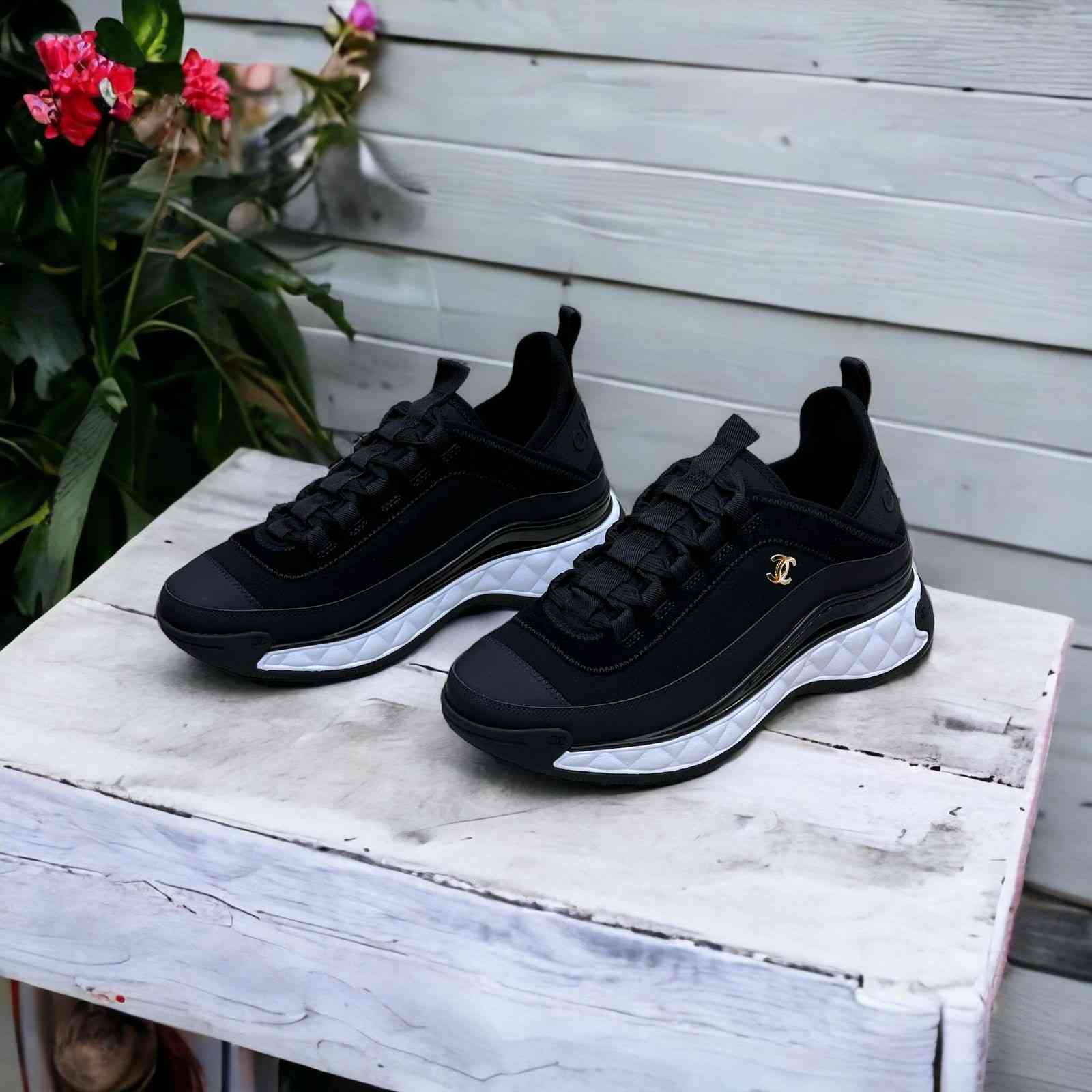 Chanel Sneakers CC Suede Calfskin Mixed Fibers Black