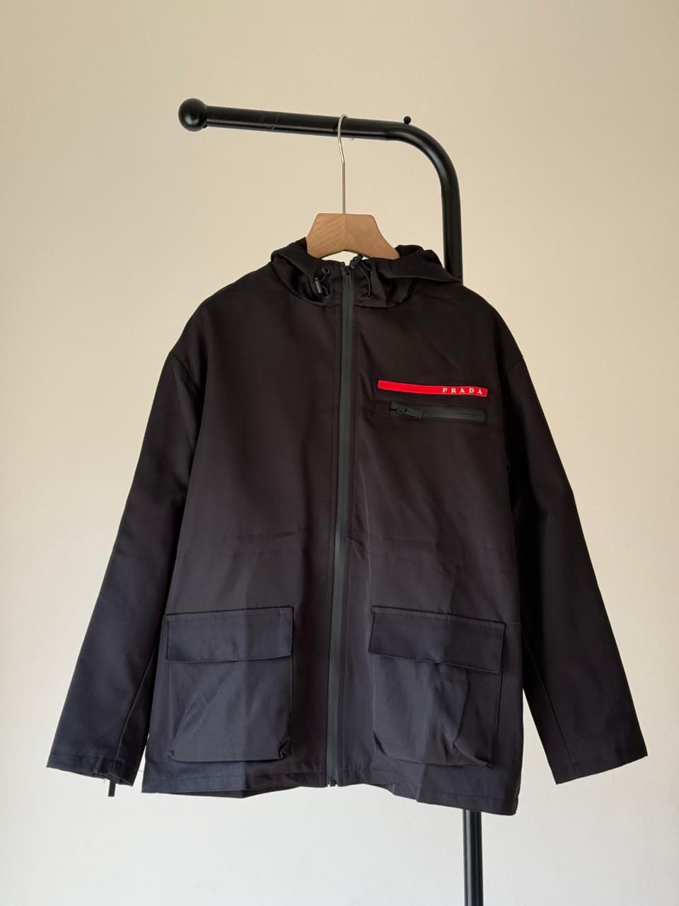 Prada Jacket Hooded Re-nylon Logo Stripe Black
