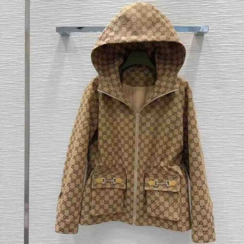 Gucci Jacket Hooded GG Monogram Belted Brown