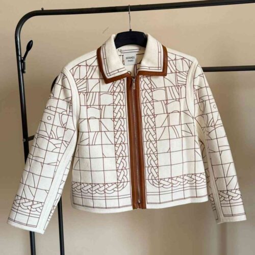 Home 17 Hermes Cashmere Jacket Embroidered Geometric Patterns White