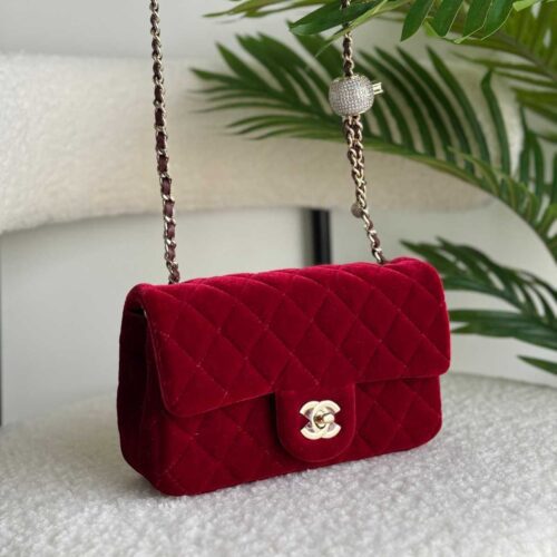 Home 25 Chanel Velvet Flap Bag Pearl Crush Red